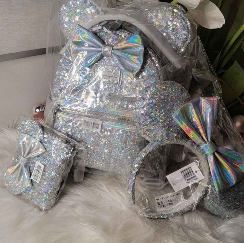 Set of 3!Silver Holographic Sequin Loungefly Backpack&Wallet&Ears